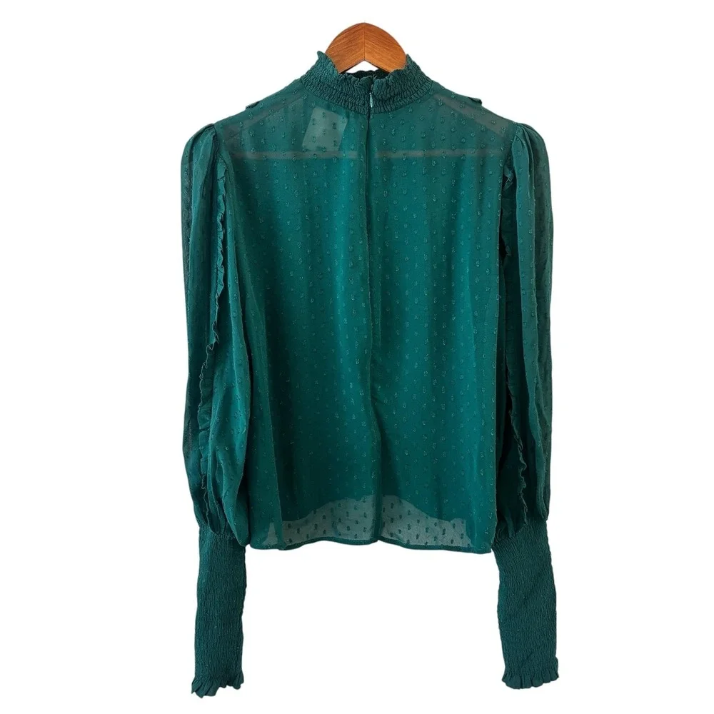 Farm Rio Swiss Dot Mock Neck Blouse Top Womens XS Green Sheer Ruffle Puff Sleeve